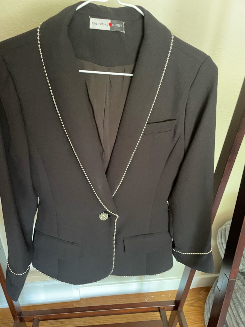 Italian Black Blazer Jacket | Silver Ball Chain Edge Trim | Crystal botton